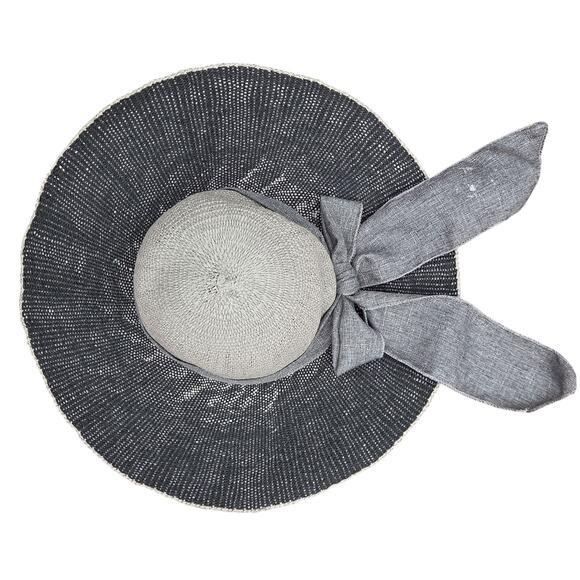 Gray Distressed Wide Brim Sun Hat UPF 50 Linen Bow Coastal Chic